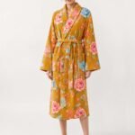 adult 100% cotton towel bathrobe with shawl collar in vintage floral mustard2